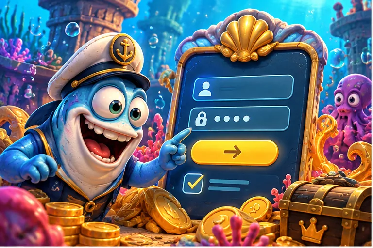 Spinbob shark captain pointing at the login form